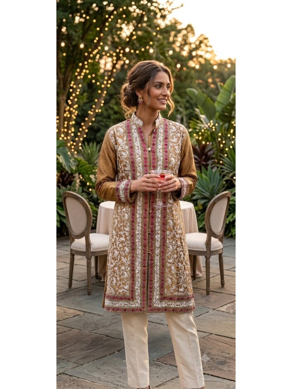 Vintage Gold Raw Silk Style Heavily Embroidered Kurta Sherwani Tunic Jacket